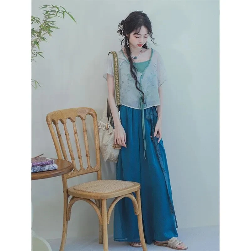 Retro Short Skirt Set Blue Women's Clothing Set Casual Top Skirt Suit Elegant High-end Summer 2024 Traditional Chinese Clothes