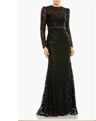 Black Sparkling Lace Pleated Mermaid Evening Dress Round Neck Long Sleeve Sequin Prom Gown Women's Formal Occasion Elegant Gown