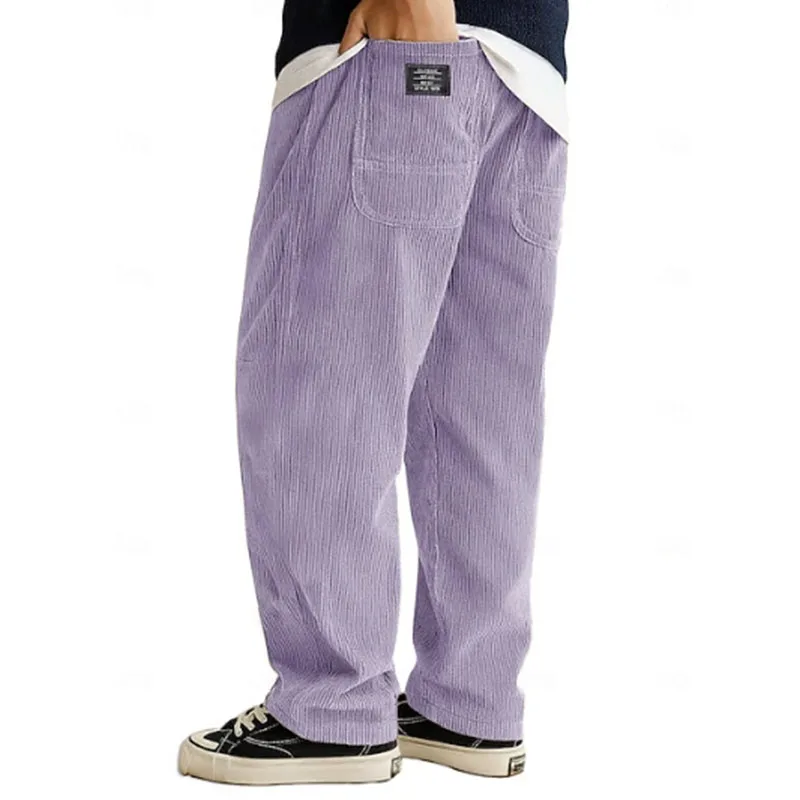 Streetwear Vintage Mens Solid Color Corduroy Pants Spring Summer New Casual Drawstring Loose Straight Trousers Men Fashion Pants