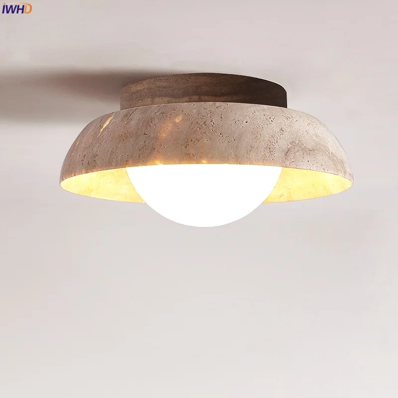 

IWHD Vintage Wabi Sabi LED Ceiling Lamp Kitchen Bathroom Loft Porch Home Lighting Yellow Travertine Ceiling light Lamparas Techo