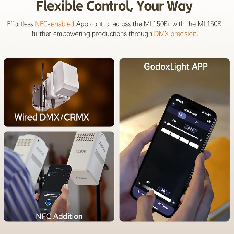 

Светодиодный видеосвет Godox ML150Bi 2800-6500K Bi-color с CRI 96 TLCI 96, беспроводным управлением и управлением через приложение для видеосъемки и влогов