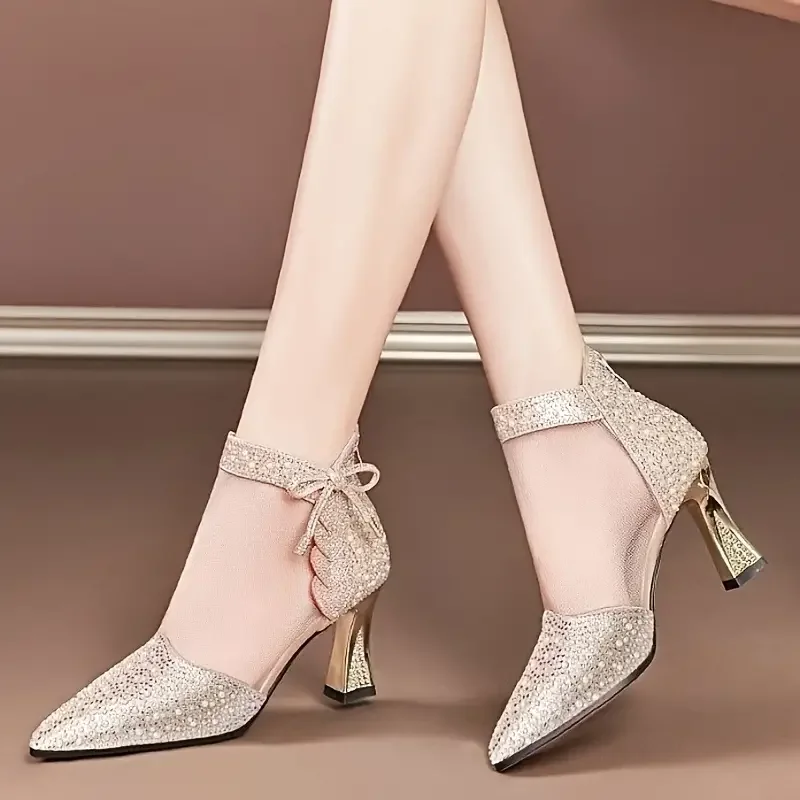 New Fashion Mesh Breathable Rhinestone High Heel Boots Elegant Pointed Toe Dress Pumps Women Banquet Wedding High Heels Size 42