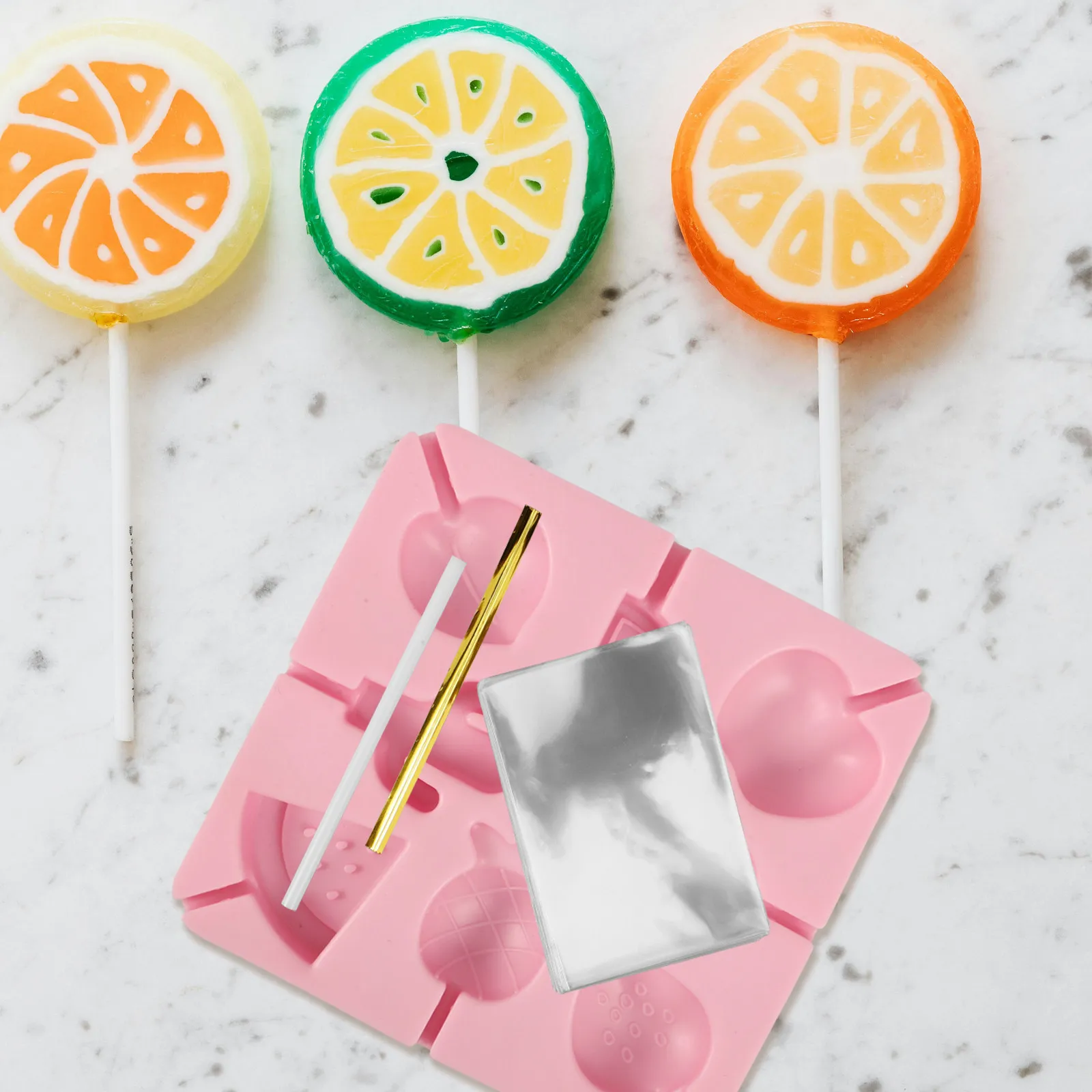 1Set Heat Resistant Silicone Lollipop Mold Set Candy Sticks Lollipop Wrappers Ties for Homemade Candy Baking DIY Party Favor Kit