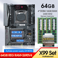 X99 Motherboard Combo Xeon E5 2690 V4 CPU Kit LGA 2011-3 4*16G=64GB DDR4 2400MHZ RAM Memory Support NVME M.2 USB 3.0 TITANIUM D4