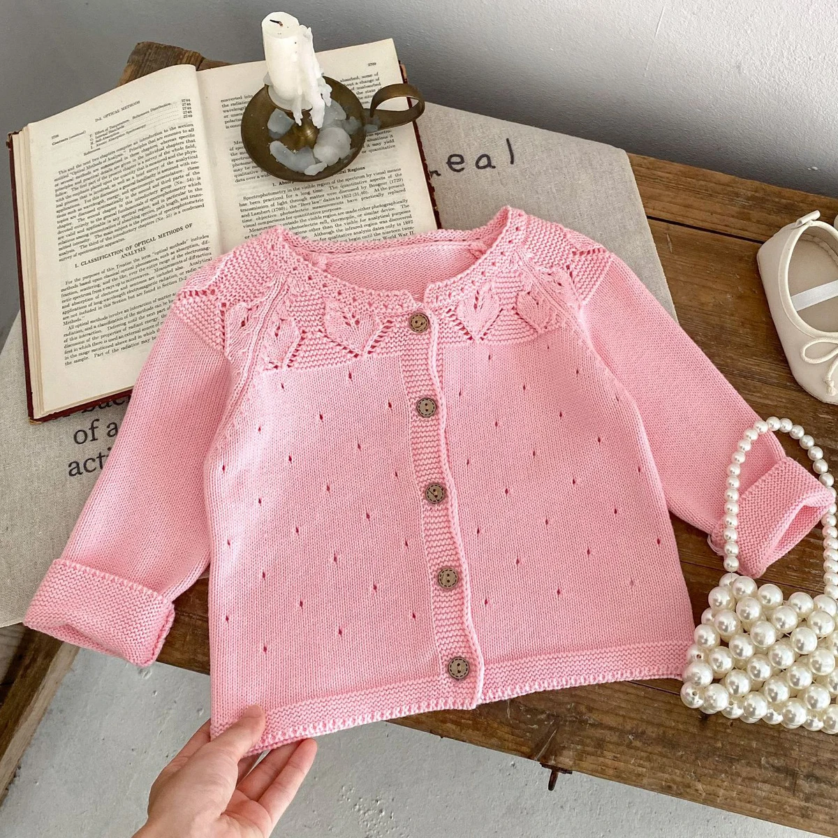 Instagram Spring and Autumn New Fashion Single Item Sweater Coat for Infants and Girls Dotted Baby Powder Hollow Knitted Coat