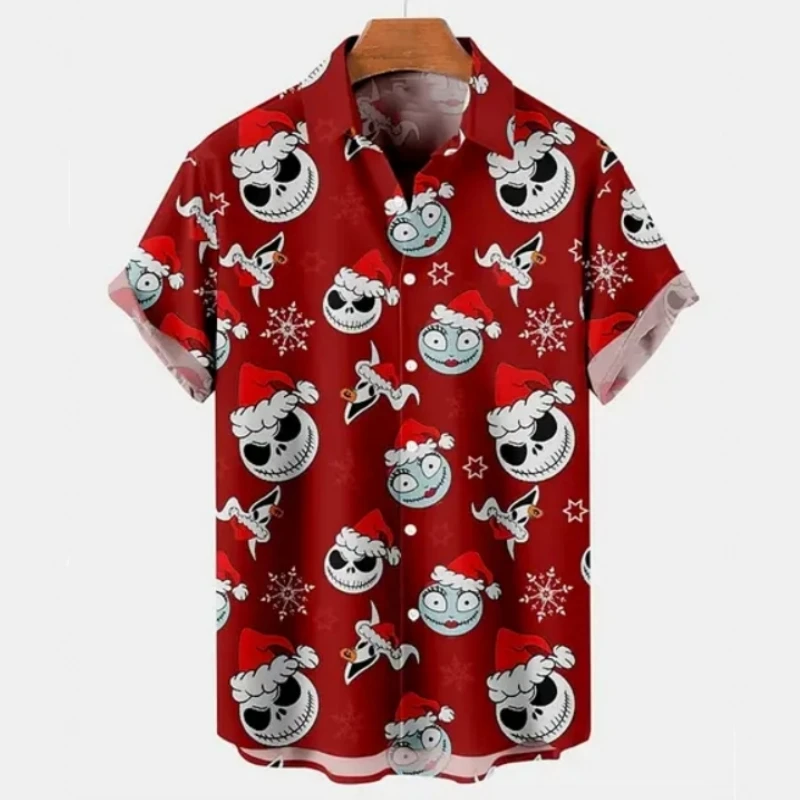 Christmas Men\'s Shirt Skull And Devil Graphic Short-Sleeved Printed Tshirt Loose Lapel Button Shirt Beach Party Clothing Men Top