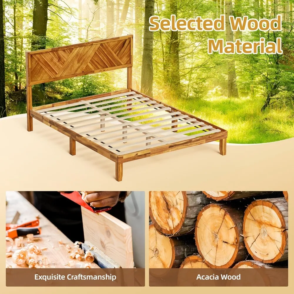 إطار سرير كوين من الخشب من TOLEAD مع لوح رأسي، إطار سرير بمنصة خشبية مقاس كوين، إطار سرير من خشب السنط الصلب مع Wo #6