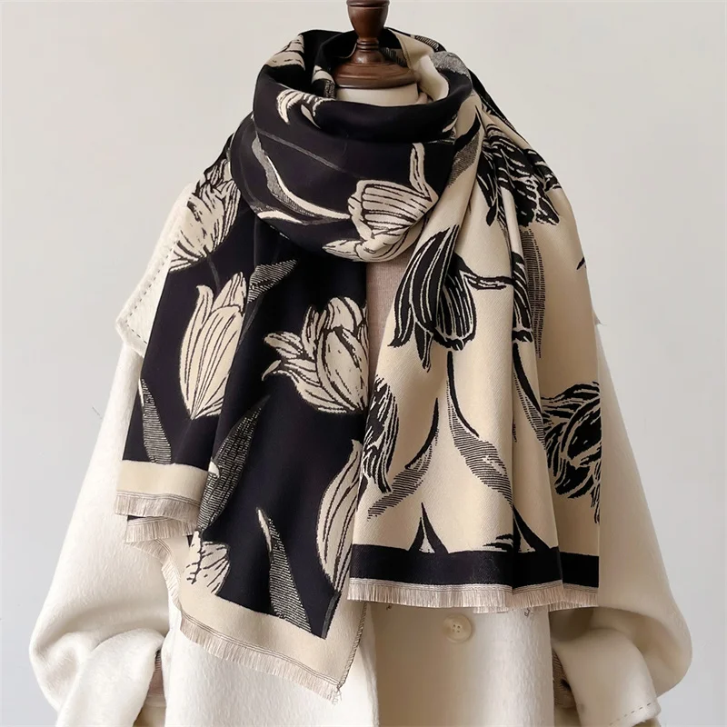 2024 Design Floral Printed Cashmere Scarf Women Winter Pashmina Shawls And Wraps Thick Warm Bufanda Stoles Blanket Luxury