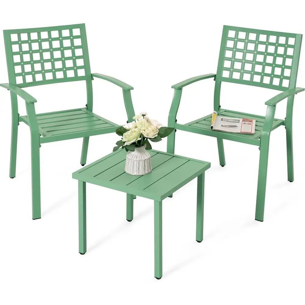 Outdoor Bistro Set, All-Weather Patio Furniture with 2 Metal Stackable Chairs and Square Table, Waterproof Set for Balcony, Porc