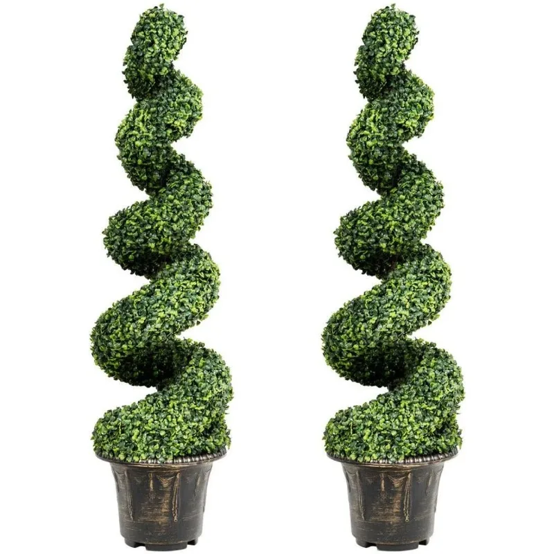 4 Ft Artificial Boxwood Spiral Topiary Tree, Fake Greenery Plants, Leaves & Cement-Filled Plastic Flower Pot Decorative Trees