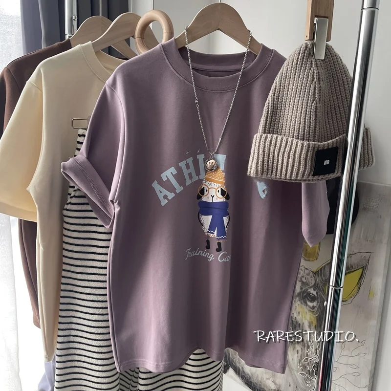 Retro Chic Hong Kong Sle Cartoon Pure Cotton ort Sve Women's T-irt Summer Design Oversize f Sve Top