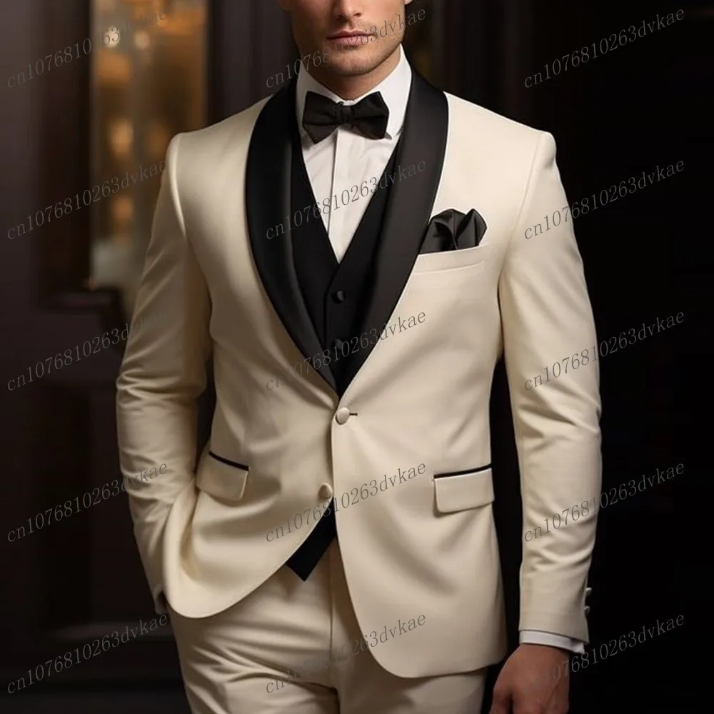 New Black And Ivory Formal Business Men Suit Groom Groomsman Wedding Party Prom Male Tuxedos 3 Piece Set Blazer Vest Pants