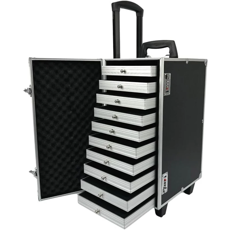 

Black Rolling Jewelry Trolley Case with 10 Different Styles of Drawer Trays, for Travel and Vendor Display Jewelry Set Props
