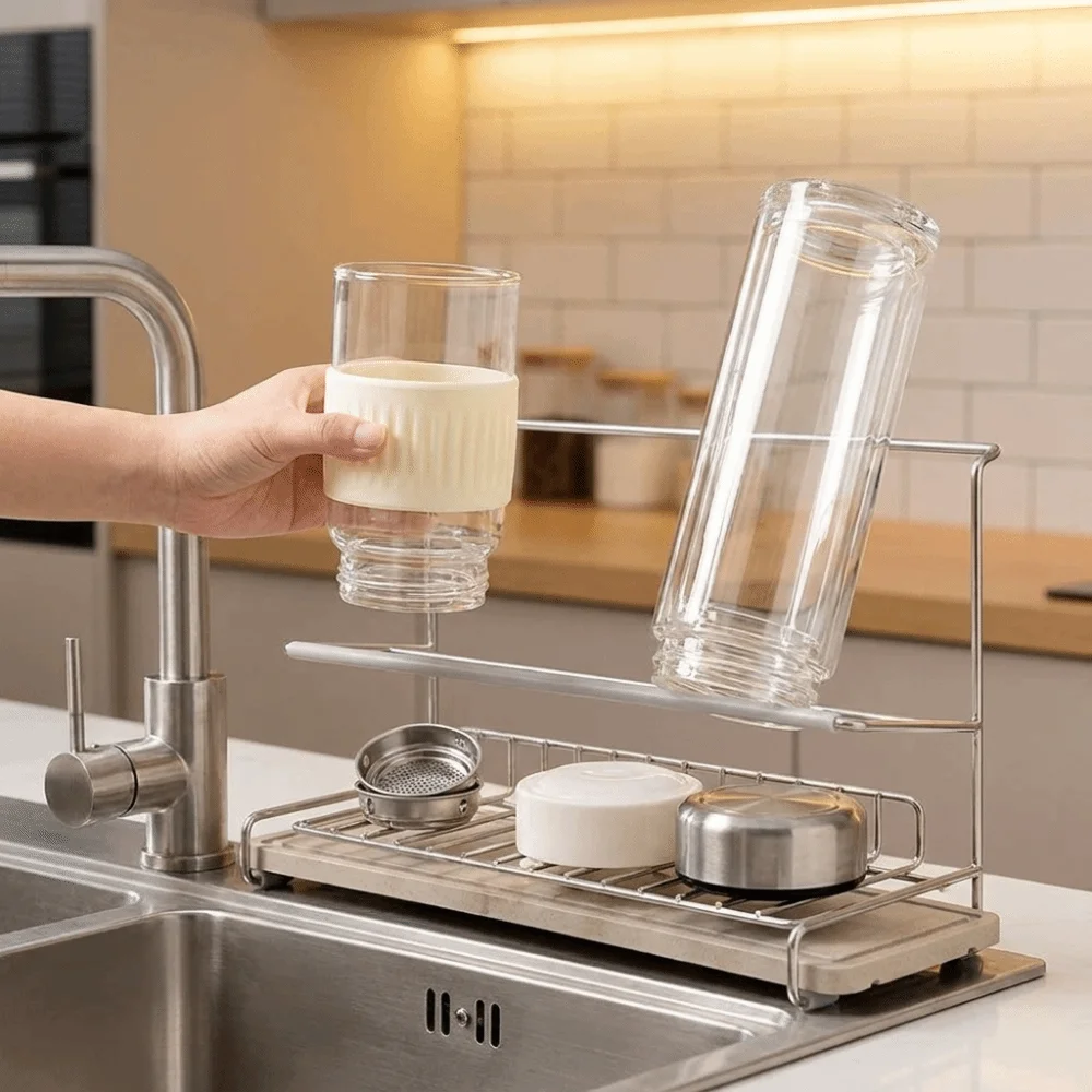 Stainless Steel Double-layer Water Cup Rack Large Capacity Saving Space Bottle Drying Rack Anti-Fall Water Cup Holder