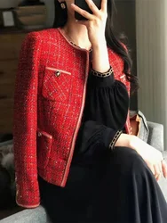 Autumn Winter Casual Women's Red Tweed Blazer Suit Coat with Long Sleeves Single Breasted O-neck Korean Elegant Loose Fashion