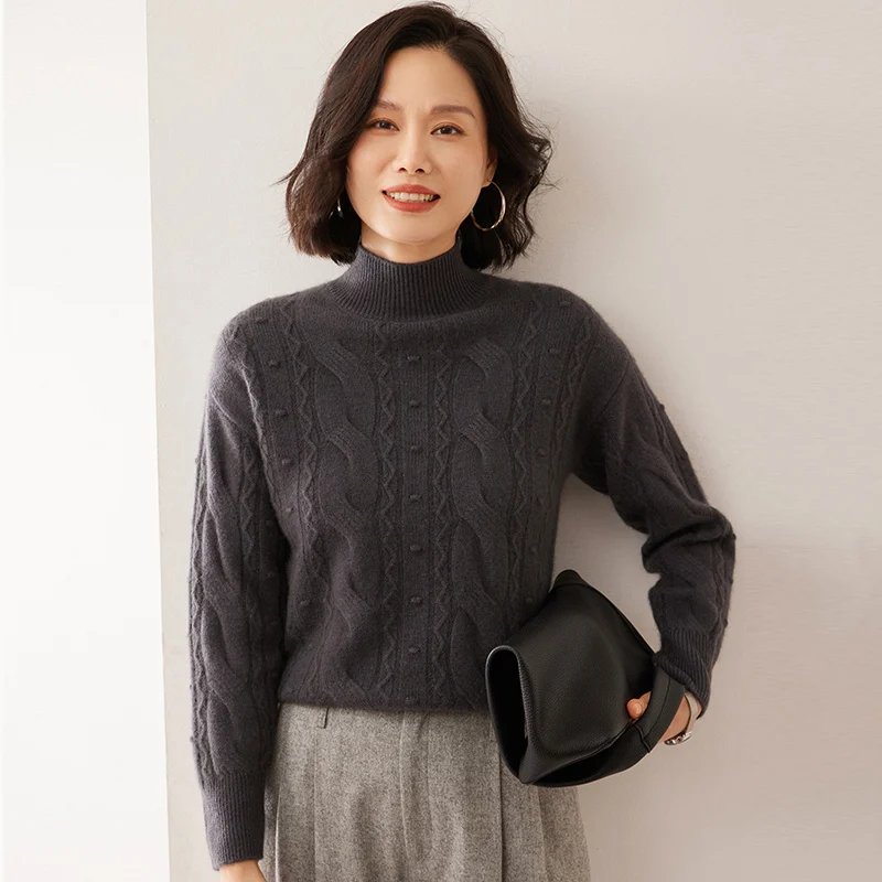 المرأة شبه عالية طوق 100% الكشمير محبوك سترة شتاء جديد سترة جاكار تويست الراقية بلوزات سميكة فضفاضة الكشمير قميص #5
