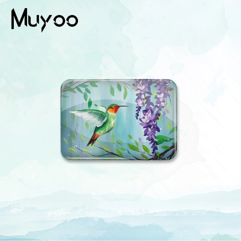 2023 New Hummingbird with Flowers Badge Brooch Birds Painting Rectangle Pin Bag Decoration Jewelry For Friends