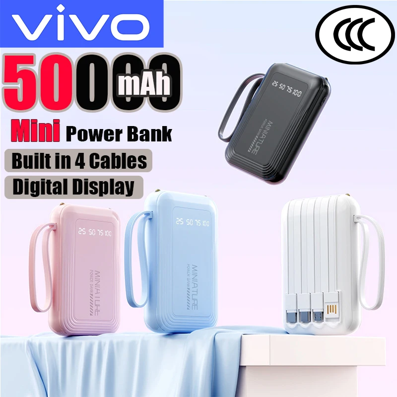 

Внешний аккумулятор VIVO Mini 500000 мАч с супербыстрой зарядкой, LED-дисплеем и 4 встроенными кабелями для iPhone и Samsung