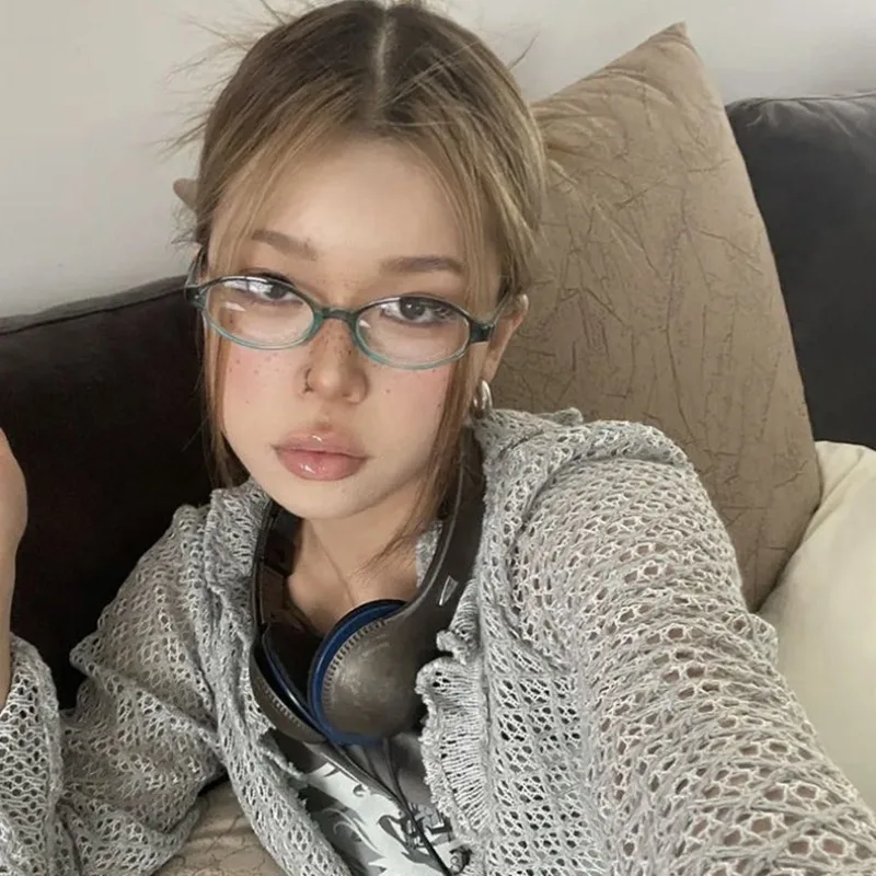 Retro Owalne Okulary Damskie Dziewczęce Y2K Czerwono-Zielona Oprawka Okulary Dekoracyjne Komputerowe Anty-niebieskie Okulary do Jazdy na Wybrzeżu