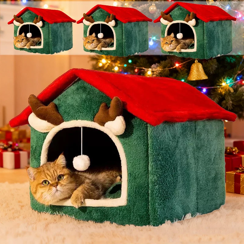 

2026 Detachable Washable Pet House Winter Warm Closed Cat Dog Nest Thickened Plush Four Seasons Universal Christmas Pet Supplies