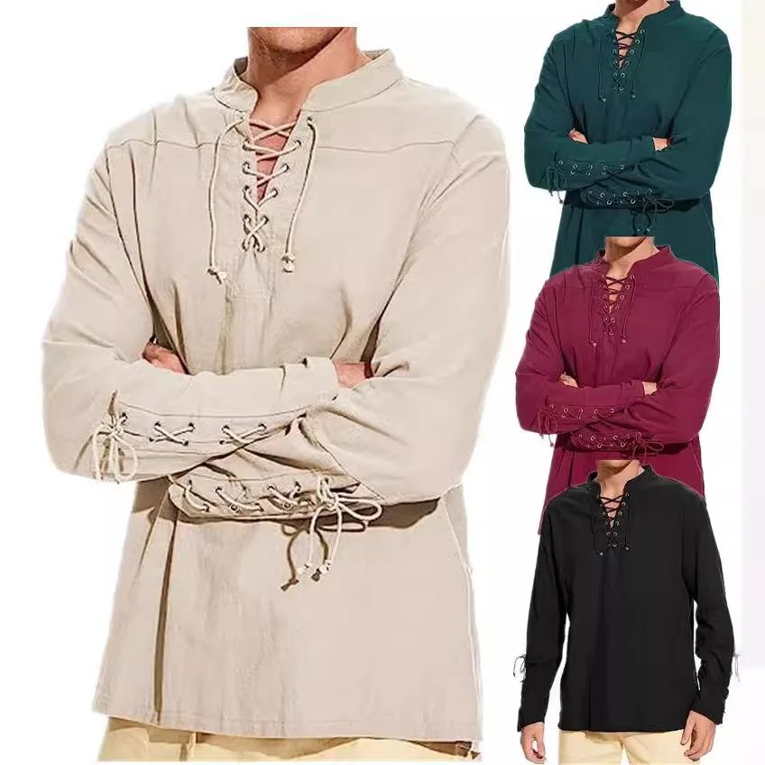 Men Medieval Costume Cotton Linen Shirts Ruffled Long Sleeve Lace Up Pirate Cosplay Shirt Vampire Medieval Renaissance Shirt