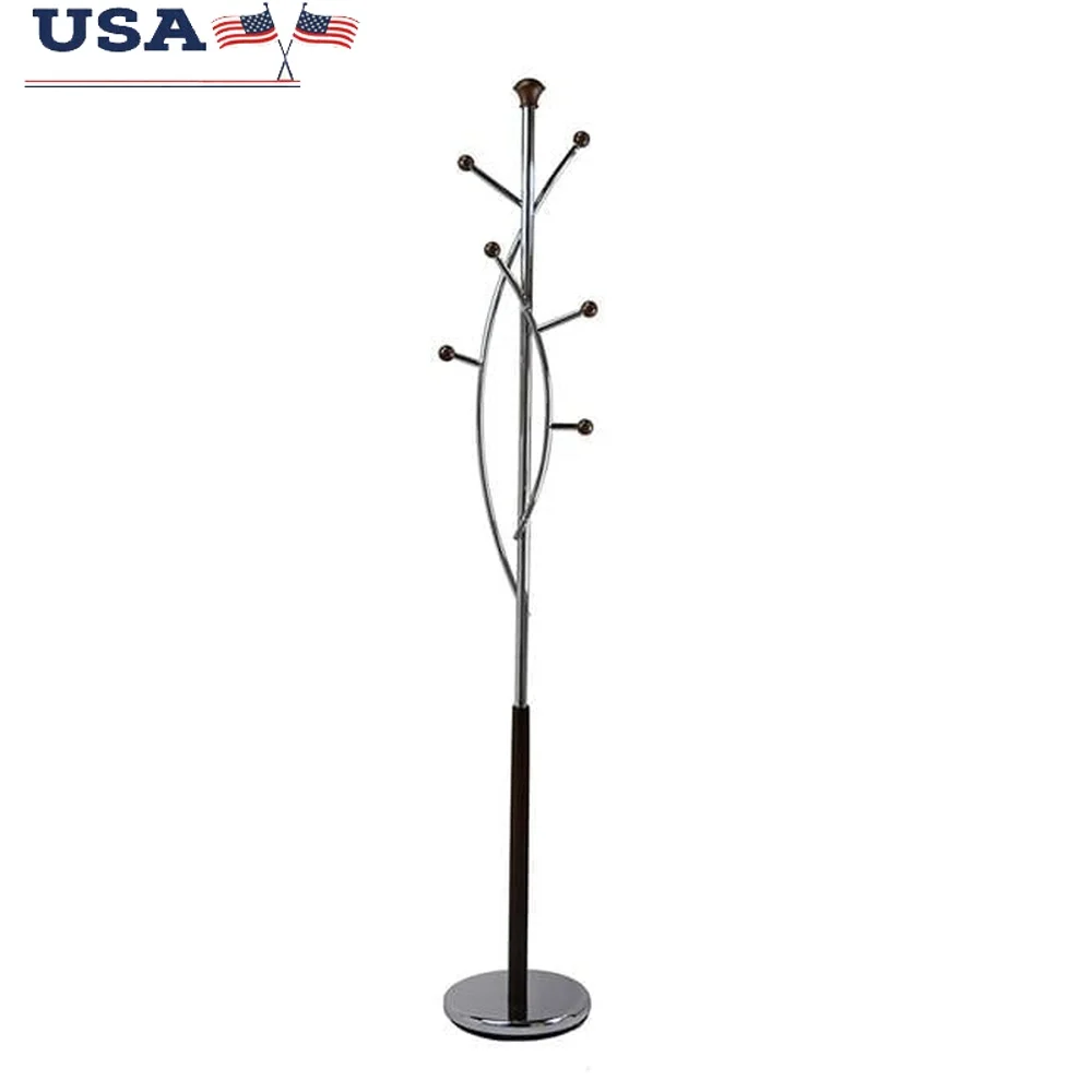 

Elegant Chrome Walnut Coat Rack Freestanding Storage Hooks Decorative Tree Design Sturdy Weighted Base Home Office Easy Assembly