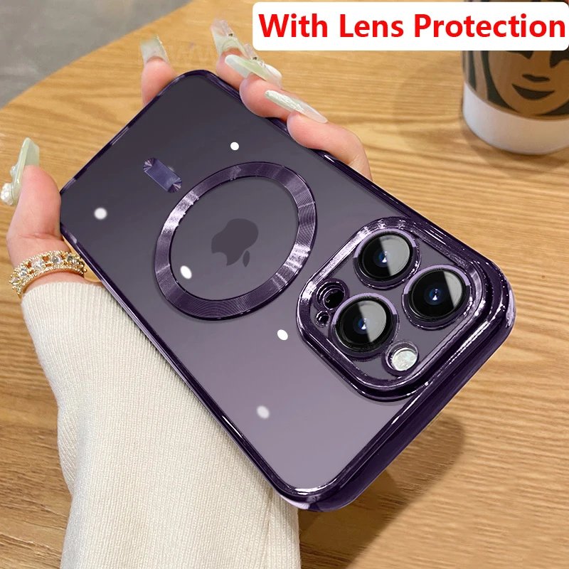 Fashion Transparent Magnetic Wireless Charging Case For Magsafe For iPhone 14 Plus 13 12 11 Pro Max Plating Soft Silicone Cover