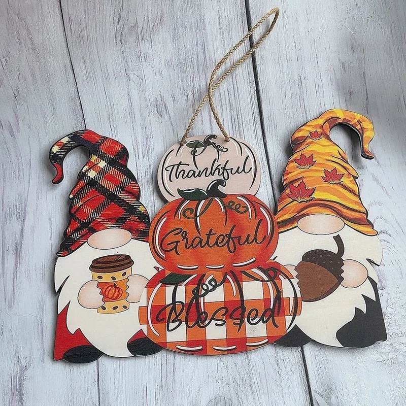 그놈 행잉 문짝 장식, 추수감사절 나무 사인 호박 문짝 행어, 야외 전면 문짝, 1 개