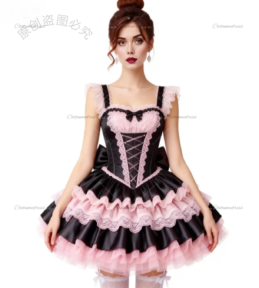 Impresionante traje rosa y negro vestido de noche 2026 tirantes finos una línea Mini vestido de fiesta Cosplay cóctel de encaje escalonado