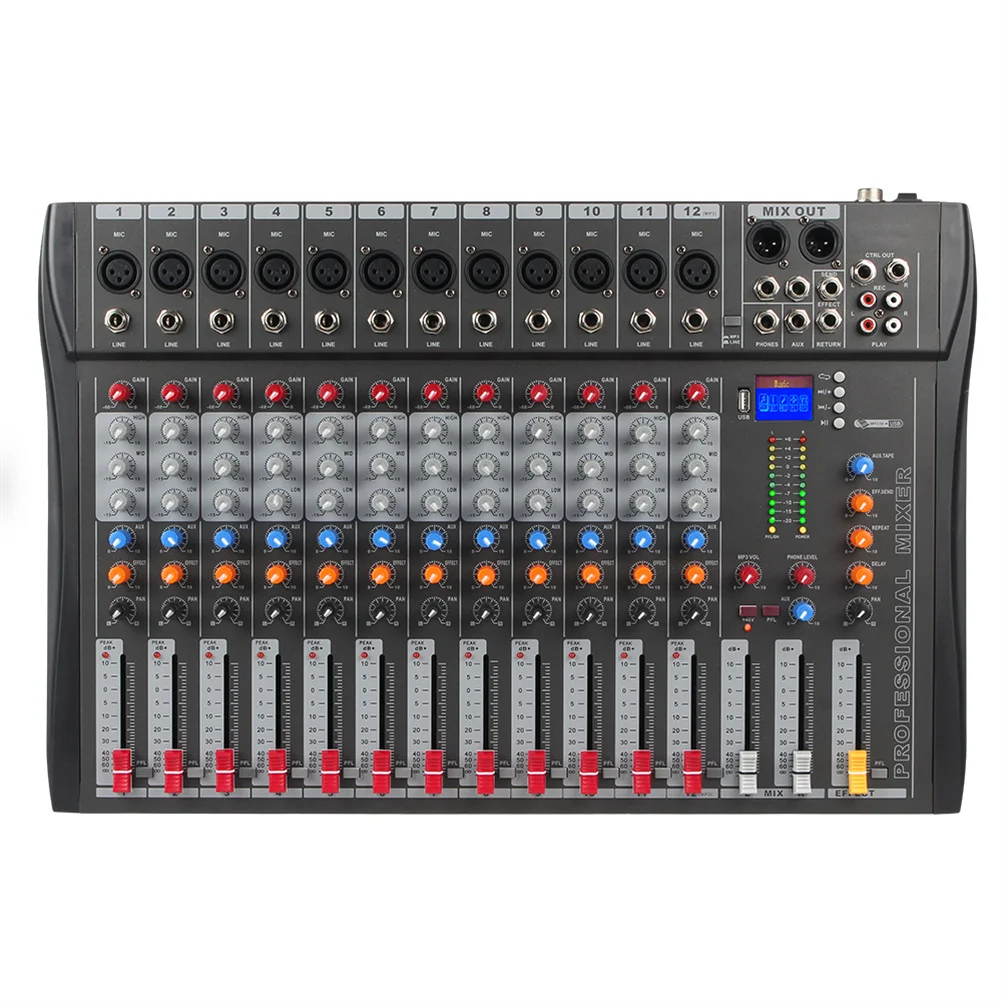 Mixing console 12 Channel  power amplifier mixer with USB 48 V Phantom Power DJ Audio Mixer