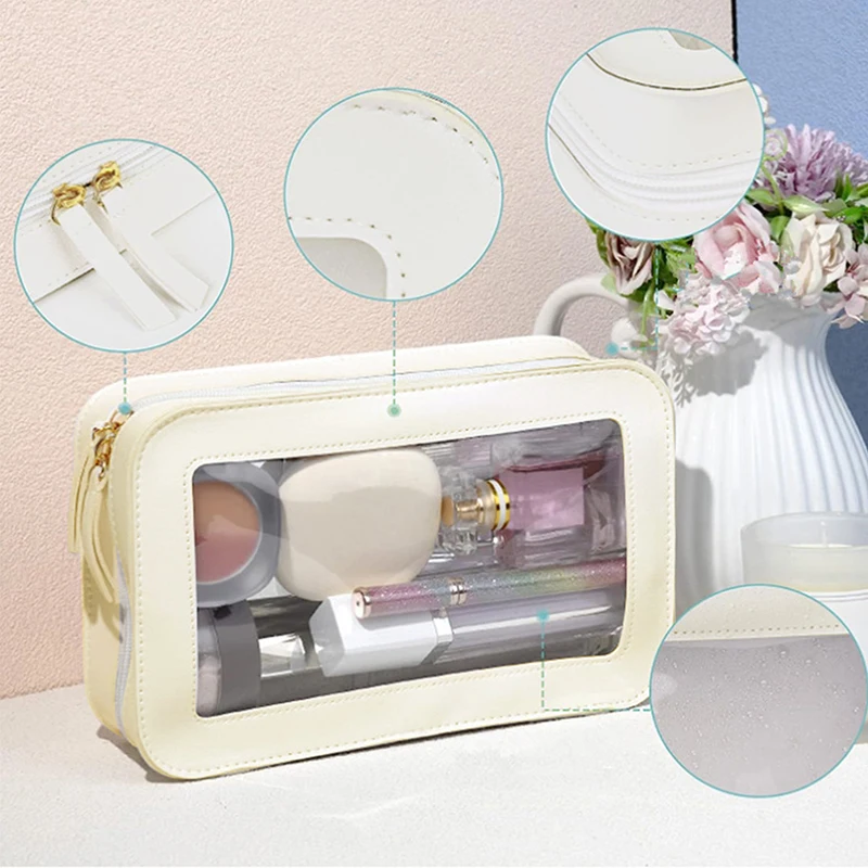 Women PU Makeup Bag Traveling Cosmetic Bag Clear Toiletry Bag Skincare Products Organizer Portable Size Toiletries Storage