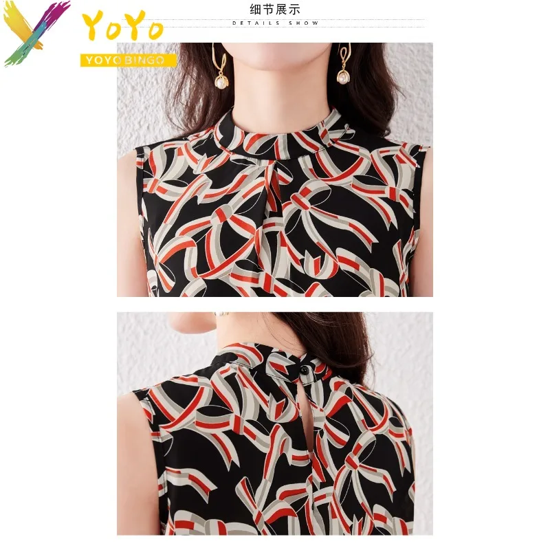 Fashion Women\'s Elegant Chiffon Black Bow Print Blouse Summer New 2024 Sleeveless Pullover Top Office Lady Formal Shirts