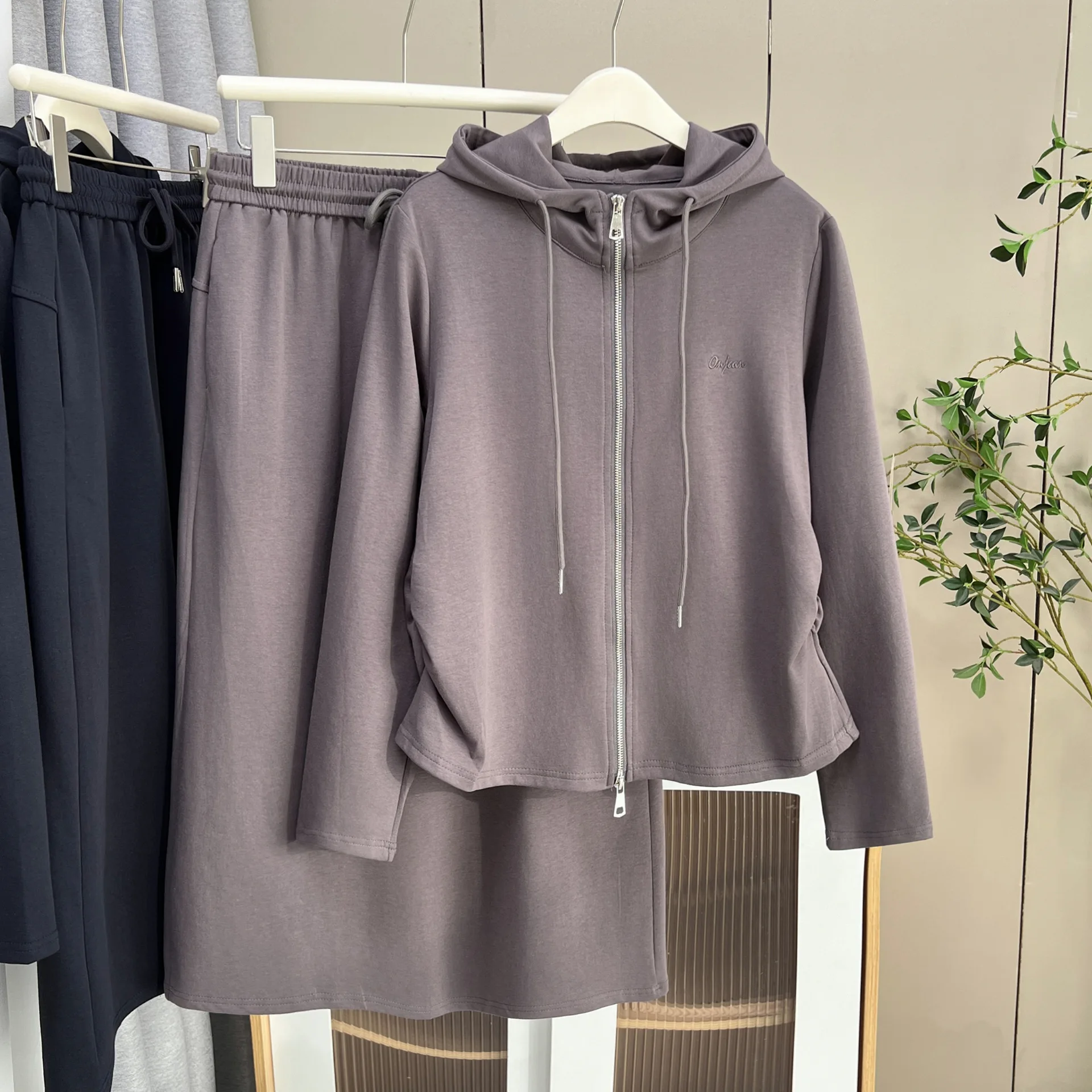 XXXXL moda plus size conjunto feminino outono novas roupas casuais com capuz zíper jaqueta e saia conjunto de duas peças