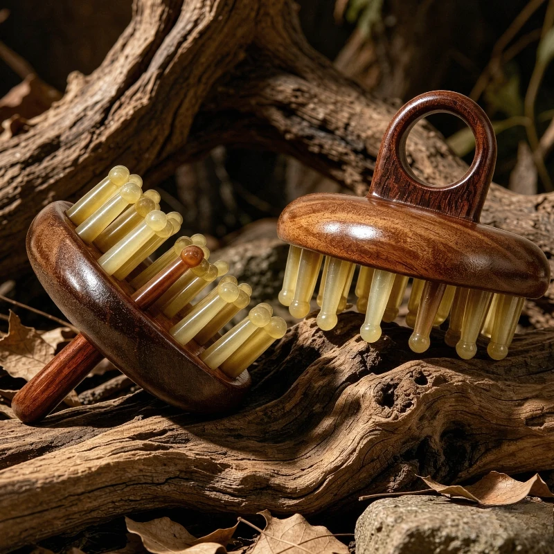Golden Sandalwood Scalp Massage Comb with Horn Teeth 28 Pins Wide Head Meridian Body Massage Hair Care Home Daily Use 두피 마사지 빗