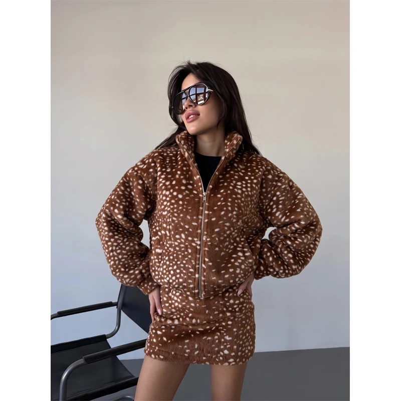 Ladies Warm Fleece Matching Outfit Deer Spotted Pattern Stand Collar Zip Front Jacket Mini Skirt Casual Winter  Two Piece Set