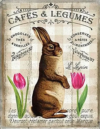 Rabbit and Tulips Spring Easter Vintage Metal Tin Sign, Art Poster Living Room Roomsitting Home Wall Decor Funny Plaque Pos
