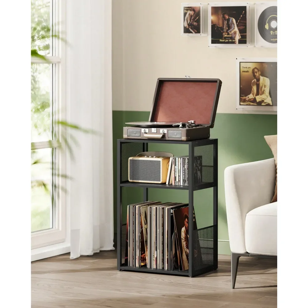 

Подставка для проигрывателя виниловых пластинок, 3-ярусный приставной столик, место для хранения до 100 альбомов, прикроватный столик для гостиной, спальни