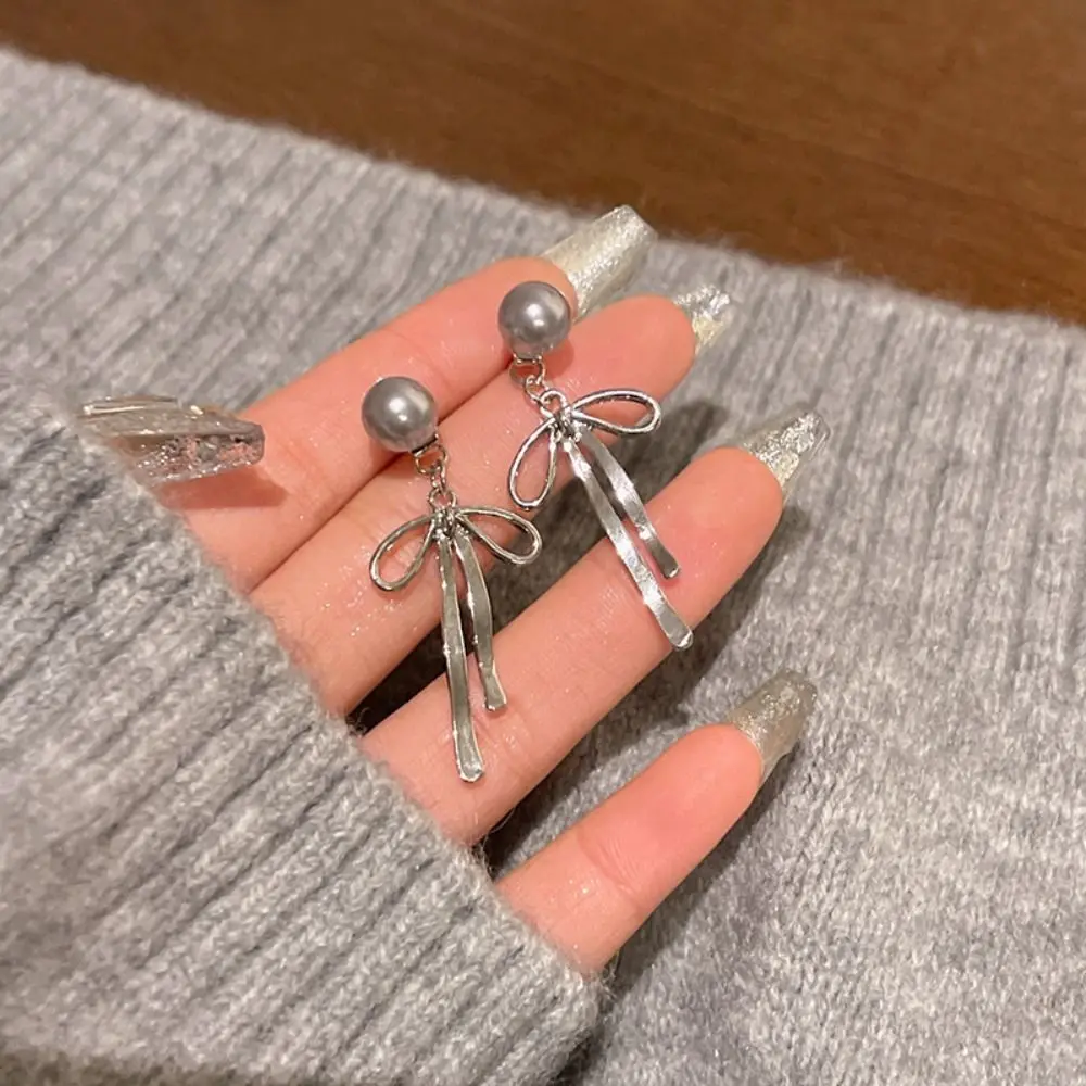 Pendientes Ribbon Bow Dangle Earrings Balletcore Grey Pearl Simple Earrings Alloy Korean Style Piercing Ear Stud Girls Gift