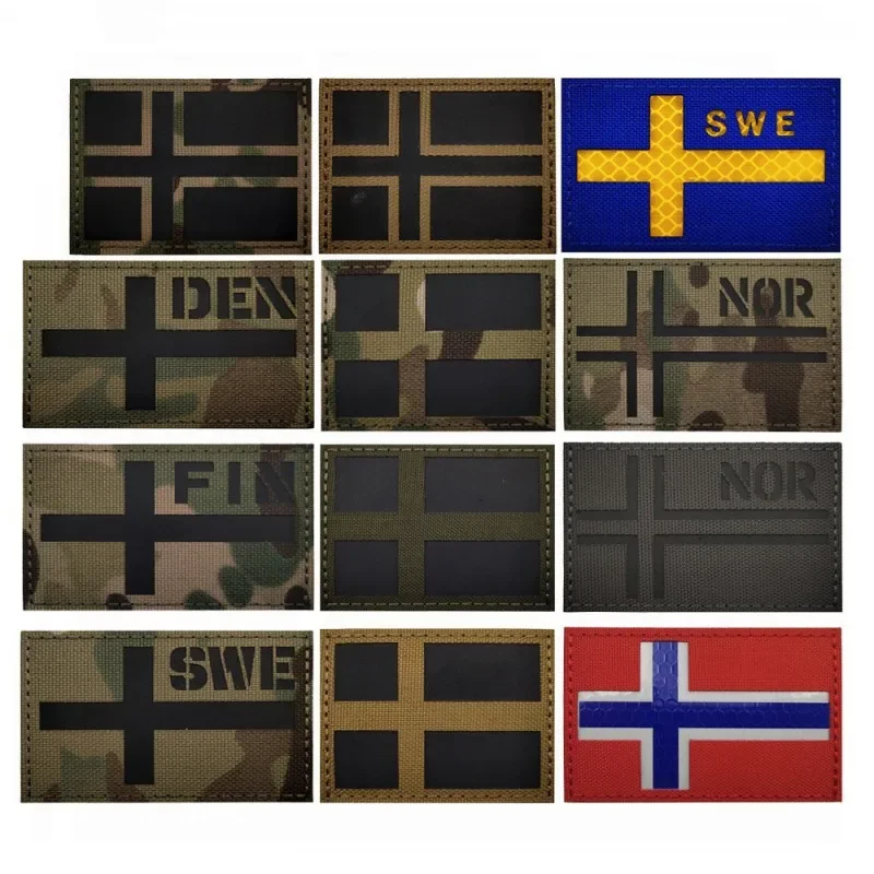 Flag Tactical Patches Norway Denmark Sweden Finland Camo IR Reflection Military Badge Outdoor Helmet Backpack Hook Loop Armband