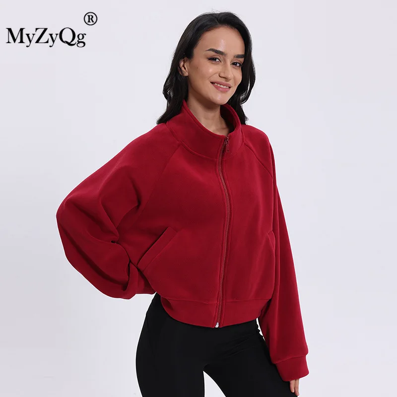 MyZyQg Women Zipper Autumn Winter Sweatshirts Velvet Stand-up Collar Sports Coat Windproof Warm Loose Casual Sweater Yoga Top