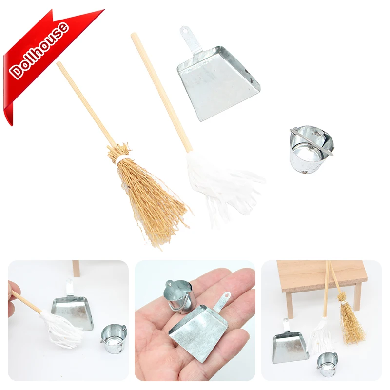 1/12 Dollhouse Broom Dustpan Metal Pail Kit Dollhouse Mini Cleaning Tool Accessories Dolls House Decor Pretend Play Toy