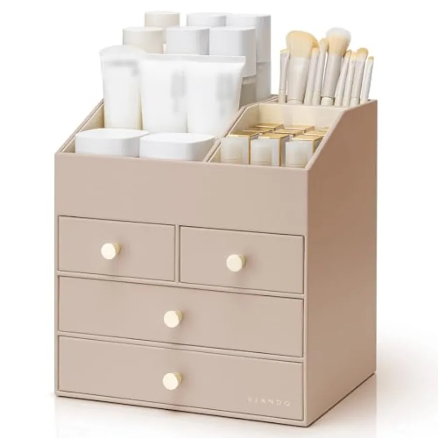 

Органайзер для косметики на столешницу, большой органайзер для туалетного столика из искусственной кожи с 4 ящиками, органайзер для ухода за кожей, подставка для косметики
