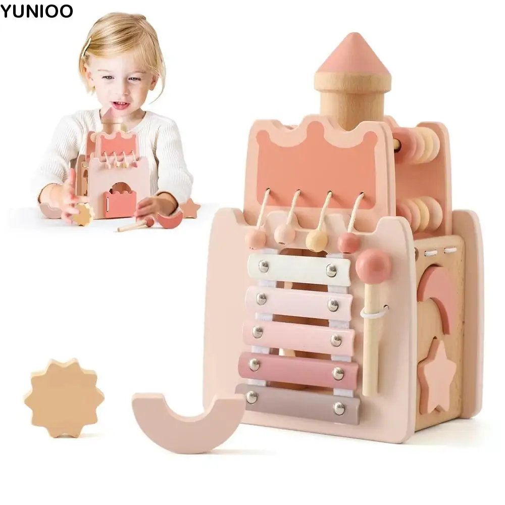 

Montessori 5-in-1 Wooden Castle Toys Early Education Shape Sorter Castle Stacking Puzzle Toy with Sound Interactive