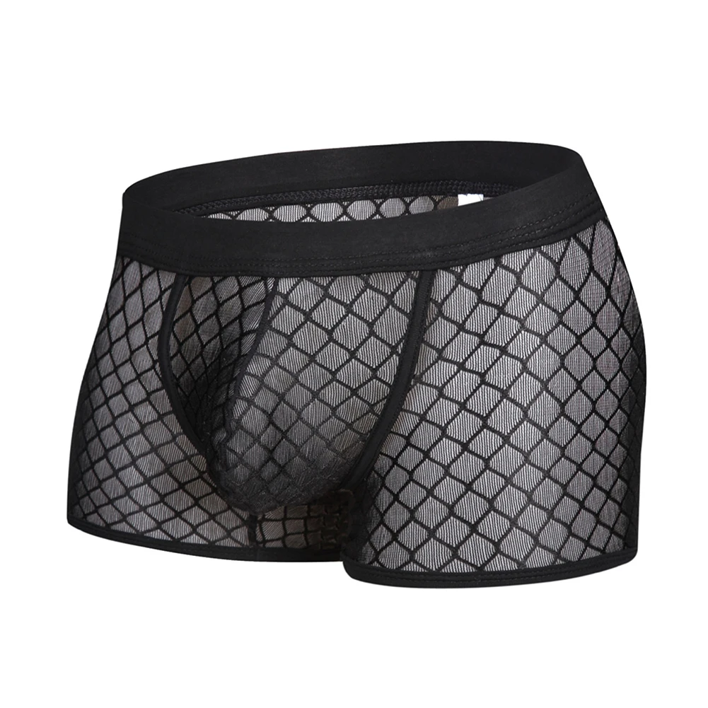 Men\'s Briefs Breathable Mesh Panties Low Waist Sexy Transparent Underpants Elastic Shorts U Convex Big Scrotum Pouch