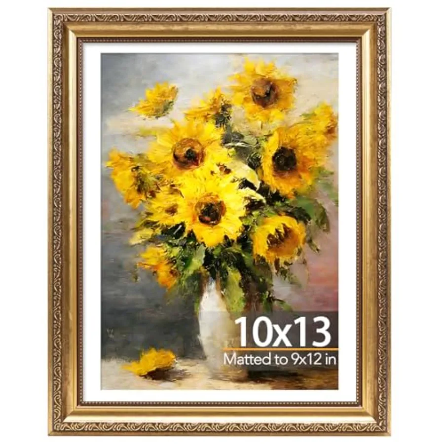 10x13 Vintage Picture Frame with 9x12 Mat, Elegant Retro 10 by 13 Photo Frame with Shatter-Resistant Plexiglass for Wall, Galle