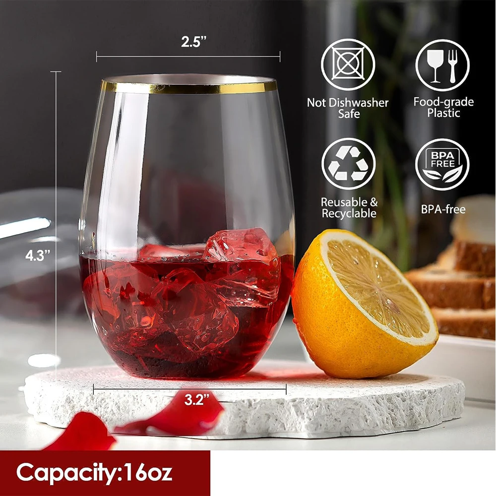 16oz Plastic Stemless Wine Glasses Disposable Heavy Duty Unbreakable Clear Plastic Wine Glasses Recyclable Shatterproof Reusable