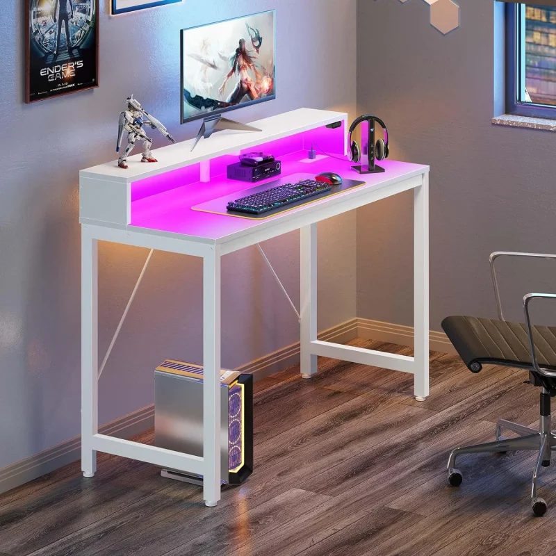 Rolanstar Computer 39 Inch LED Lights &Amp; Power Outlets, Home Office With Monitor Shelf, Gaming Desk, Writing D