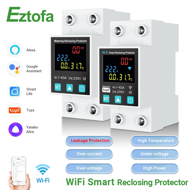SmartLife TUYA App WIFI 63A Circuit breaker Earth Leakage Over Under Voltage Protection Protector Relay Switch Energy kWh Meter