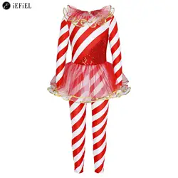 Kids Girls Candy Cane Christmas Costume One Piece Sequins Santa Sweetie Dance Jumpsuit Bodysuit for Christmas Holiday Party