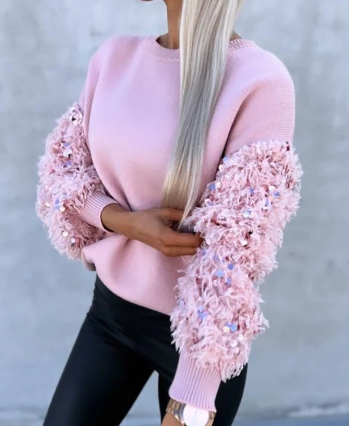 

Fashionable New Women's Contrasting Sequins Fluffy Details Long Sleeved Casual Round Neck Plain Sweater Pullover In Stock